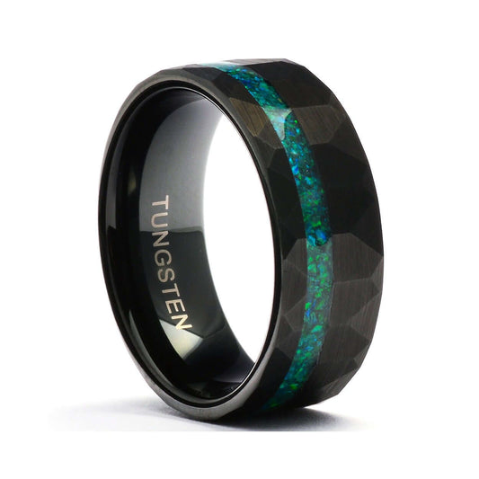 The Tyler Black - Green Opal / Tungsten Men's Wedding Band Hammered