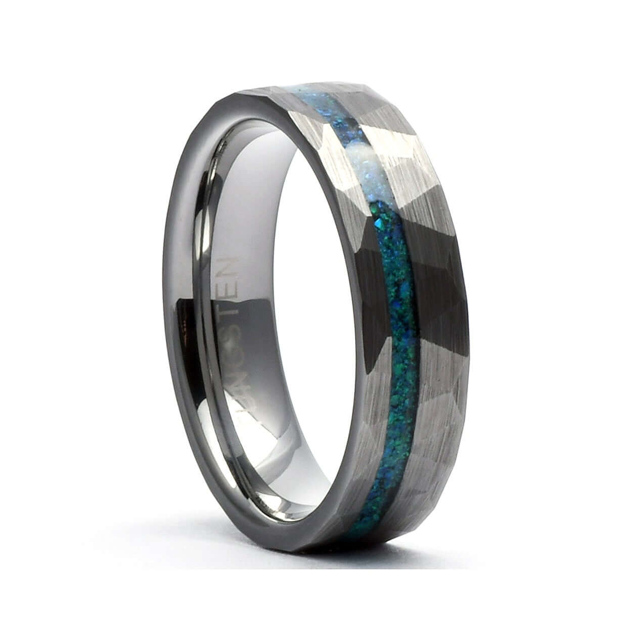 The Tyler - Tungsten Mens Emerald Wedding Band Hammered