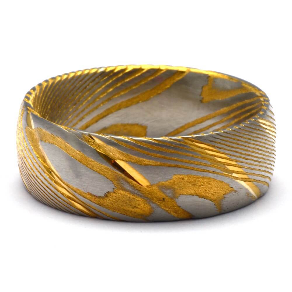 Damascus Steel Ring, Damascus Steel Mens Wedding Band - Unique Ring for Men - Damascus Steel Yellow Gold - 8mm Wide