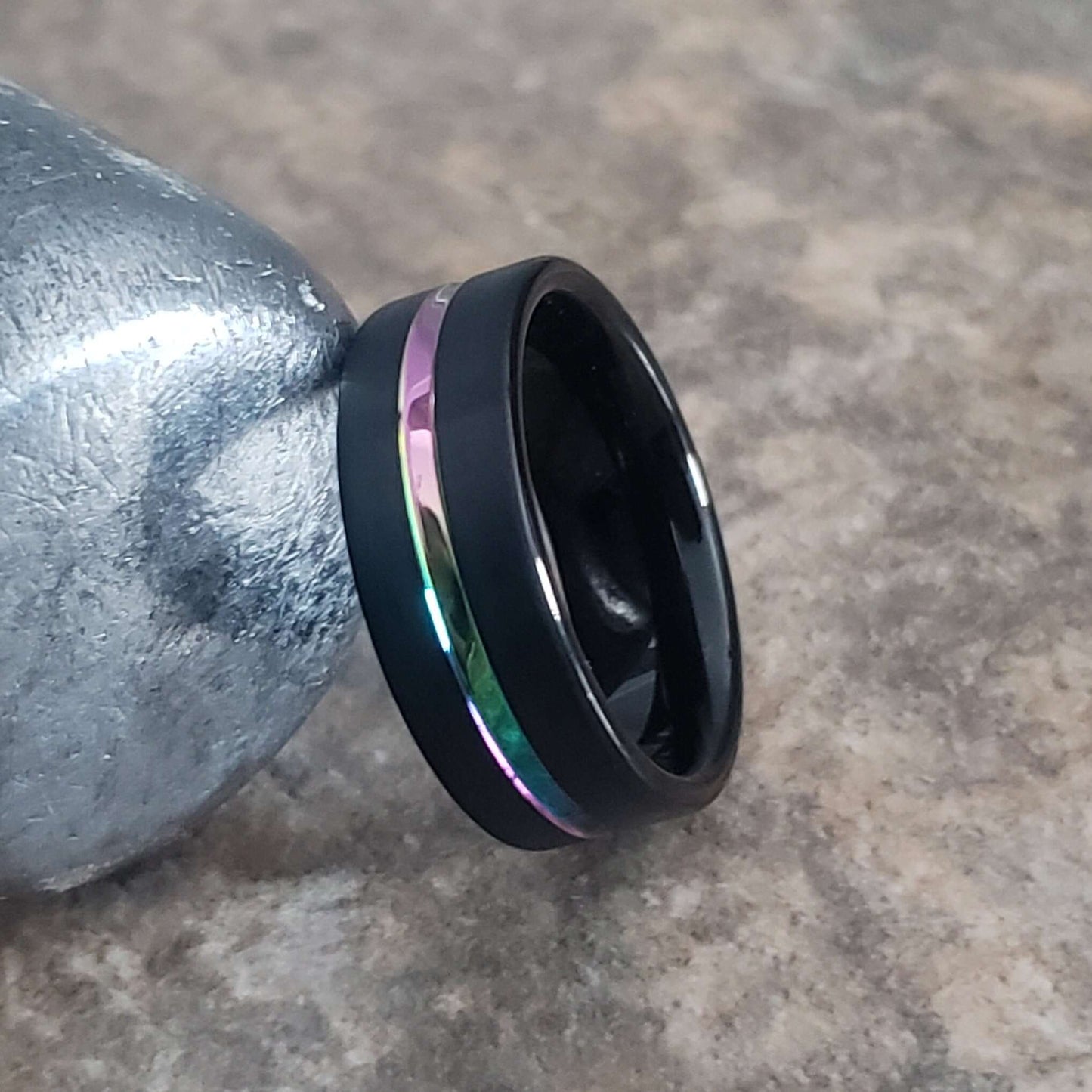 Black Tungsten Ring Rainbow, Mens Tungsten Wedding Band, Mens Ring, Black Wedding Band, Black Tungsten Wedding Ring, Rainbow Ring