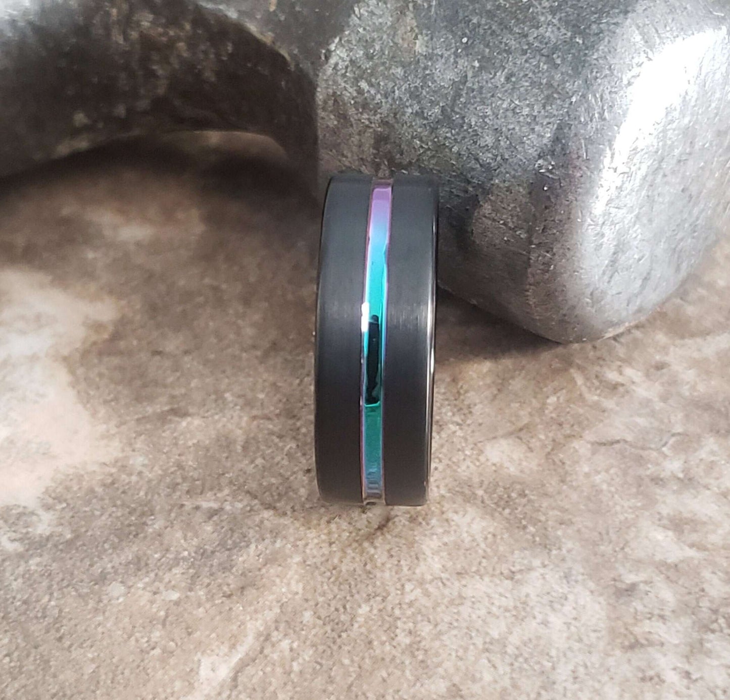 Black Tungsten Ring Rainbow, Mens Tungsten Wedding Band, Mens Ring, Black Wedding Band, Black Tungsten Wedding Ring, Rainbow Ring
