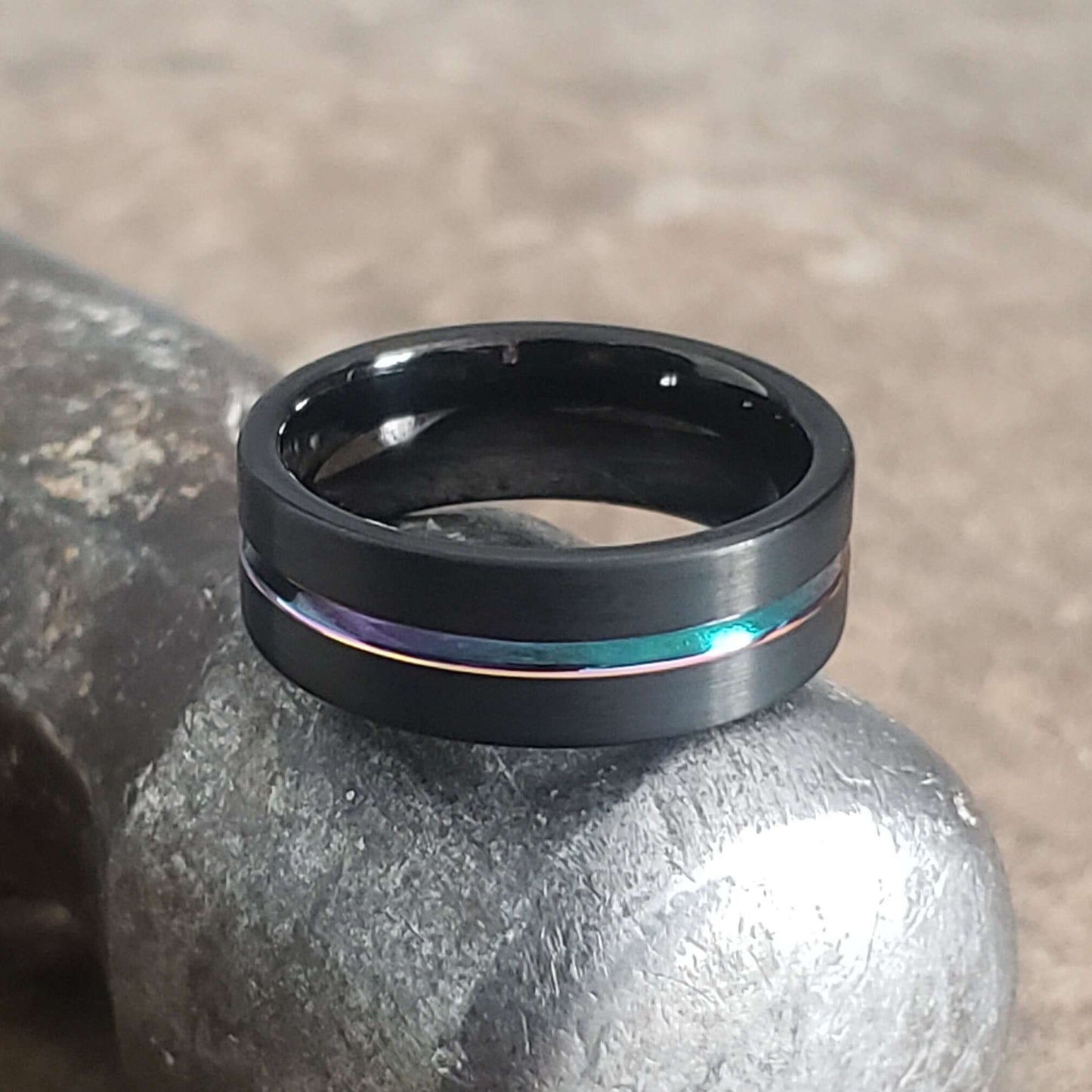 Black Tungsten Ring Rainbow, Mens Tungsten Wedding Band, Mens Ring, Black Wedding Band, Black Tungsten Wedding Ring, Rainbow Ring
