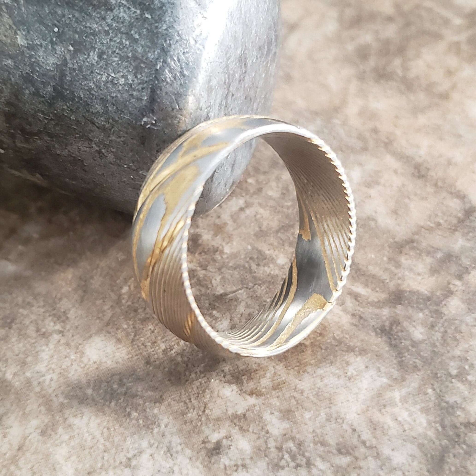Damascus Steel Ring, Damascus Steel Mens Wedding Band - Unique Ring for Men - Damascus Steel Yellow Gold - 8mm Wide