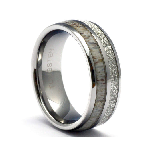Deer antler ring, Tungsten nature ring band, Unique wedding band antler and meteorite mix ring, Mens nature wedding band, Meteorite band