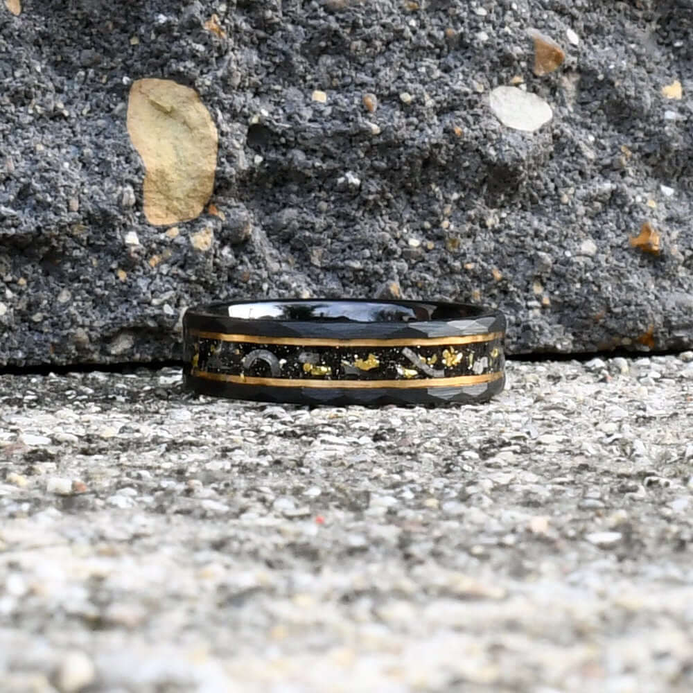 Gold Leaf and Meteorite Ring, Black Hammered Men's Tungsten Wedding Band, Hammered Brushed Tungsten Band, Black Men's Ring, Engraved Ring