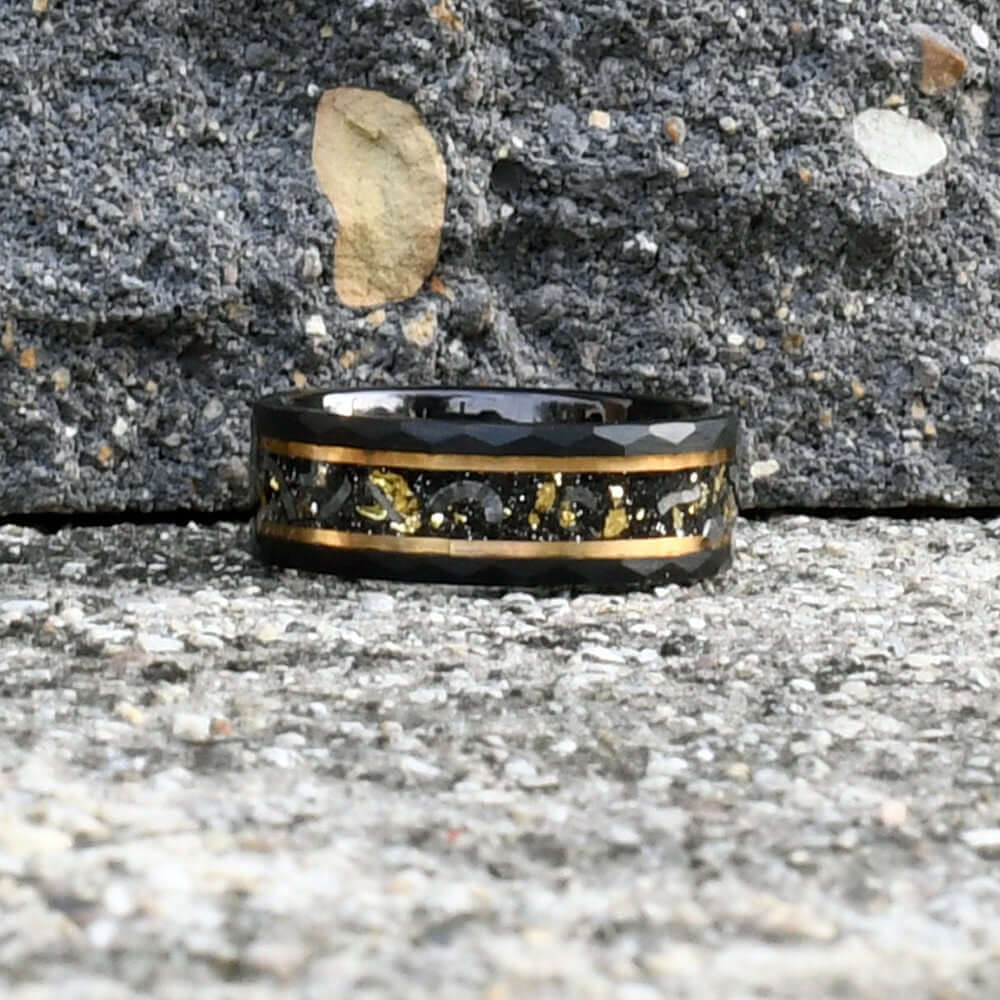 Gold Leaf and Meteorite Ring, Black Hammered Men's Tungsten Wedding Band, Hammered Brushed Tungsten Band, Black Men's Ring, Engraved Ring