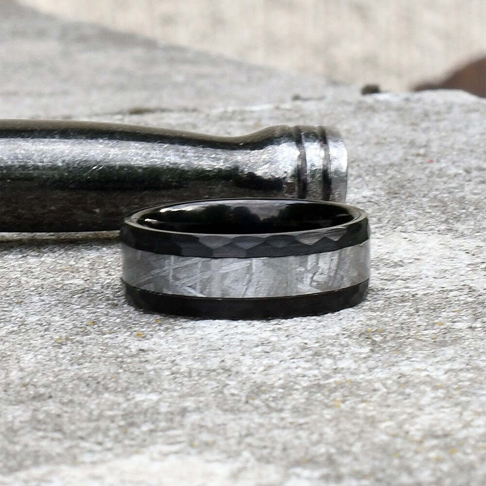 Black Meteorite Ring, Men's Tungsten Wedding Band, Tungsten Ring, Hammered Authentic Meteorite Wedding Ring, Unique Wedding Band, Engraved