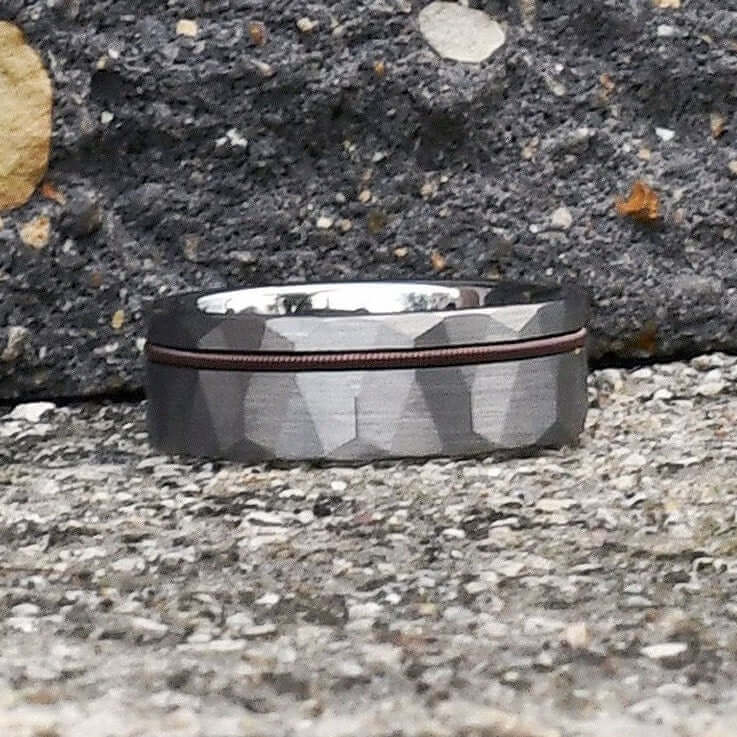 Tungsten Hammered Ring - Musician Ring - Mens Wedding Band - Unique Gunmetal Ring - Wedding Band for Men - Silver Ring - Guitar String Ring