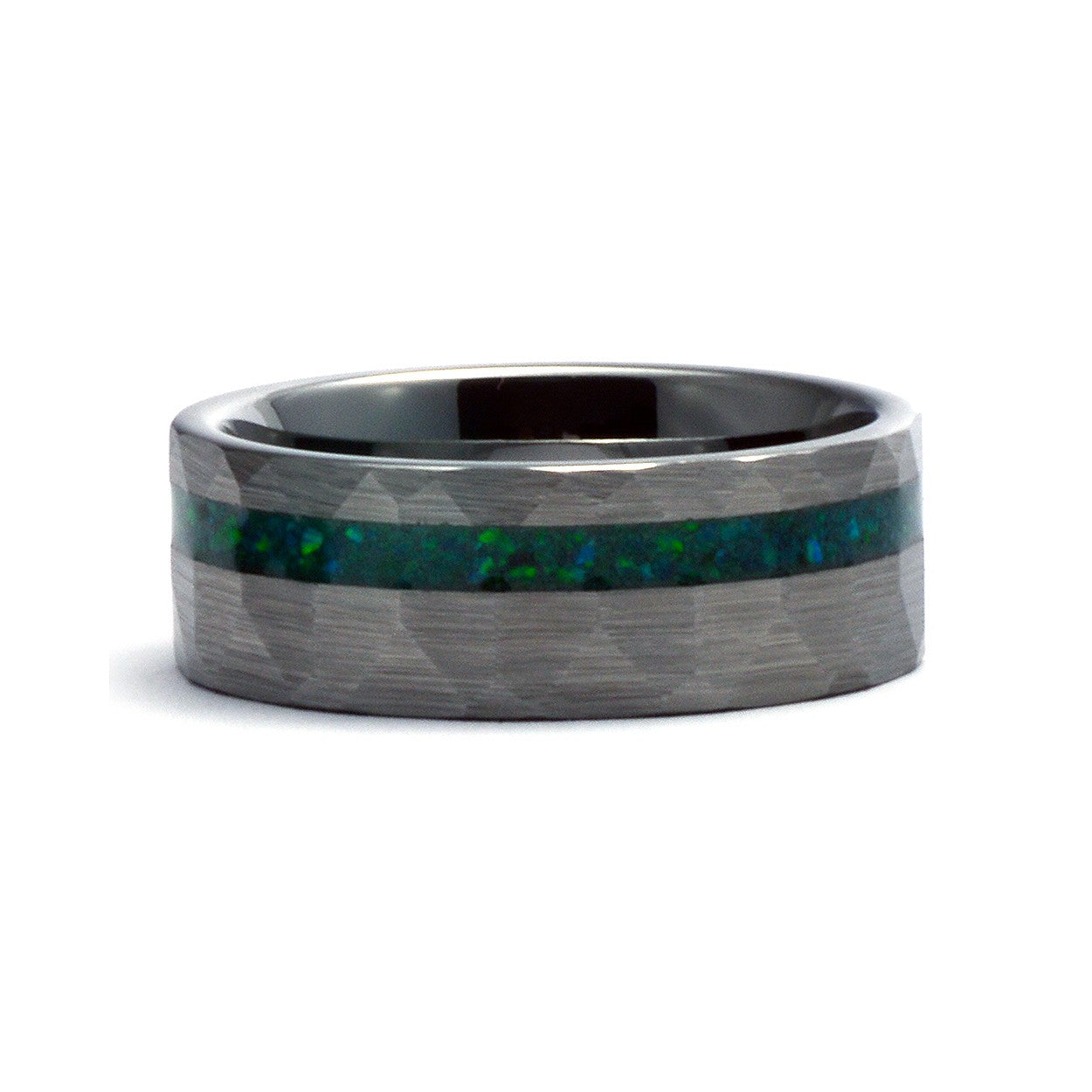 The Tyler - Tungsten / Green Opal Men's Wedding Ring Hammered