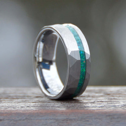 The Tyler - Tungsten Mens Emerald Wedding Band Hammered