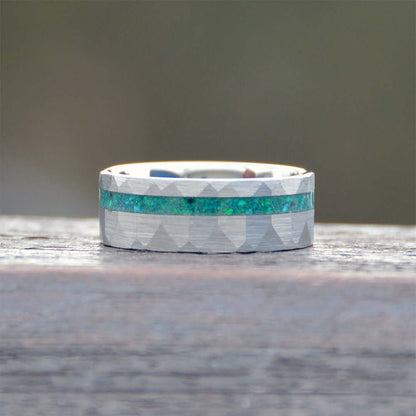 The Tyler - Tungsten Mens Emerald Wedding Band Hammered