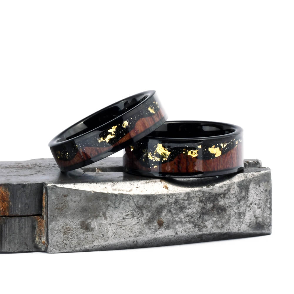 The Zen - Tungsten Koa Wood Men's Wedding Ring Crushed Gold