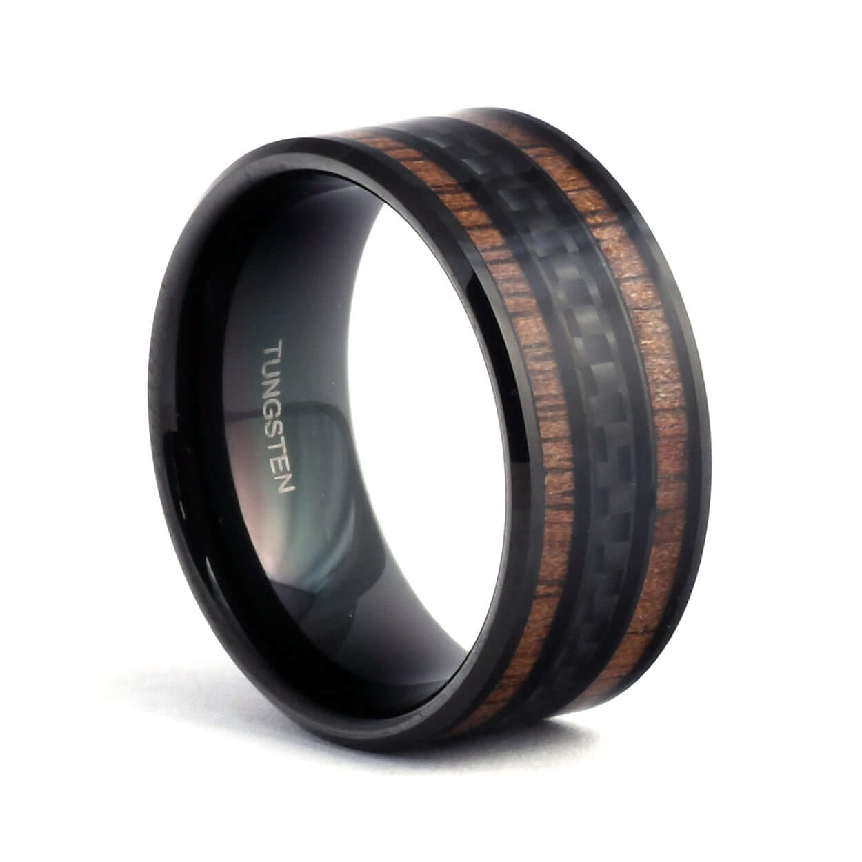 The GT500 - 10mm Black Tungsten & Carbon Fiber Ring w/ Wood