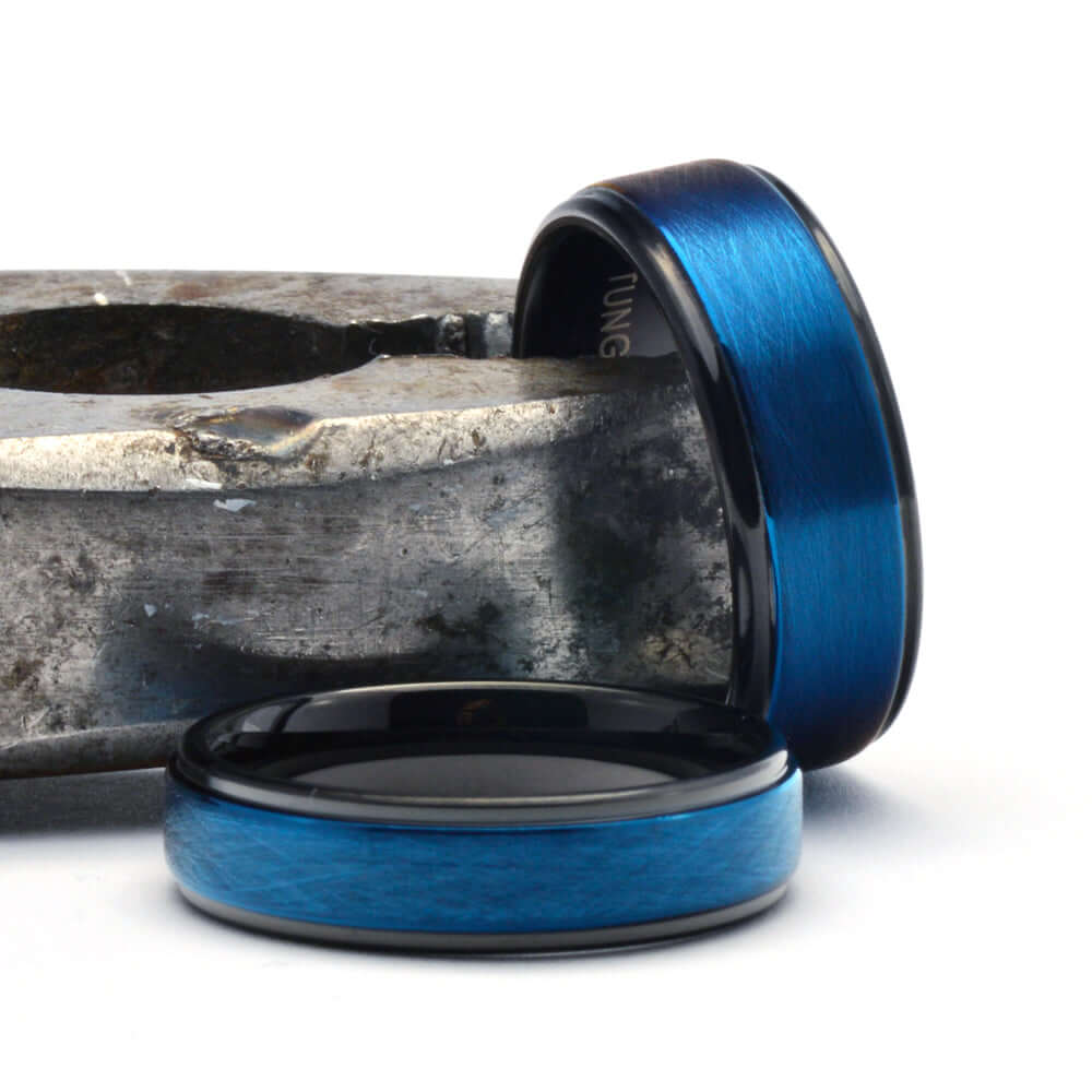 The Blueber - Blue Tungsten Wedding Ring with Black Steps