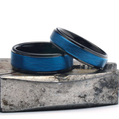 The Blueber - Blue Tungsten Wedding Ring with Black Steps