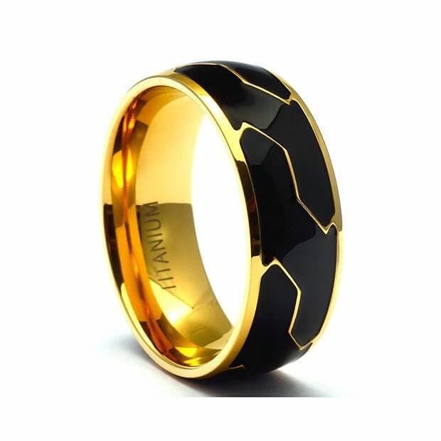 Titanium wedding band, Tire tread ring, Titanium ring, Anniversary wedding gifts, black & gold, Mens wedding band, ring for man black