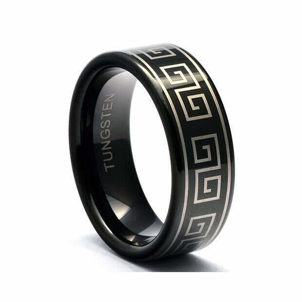 Greek key ring, Tungsten wedding band men, Mens tungsten ring, Tungsten band, Greek wedding band, Black ring, Black wedding band, Mens ring