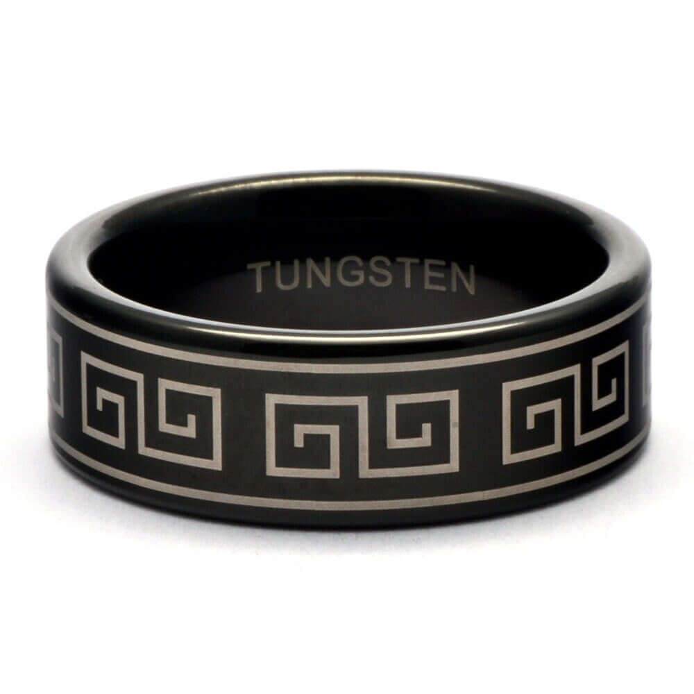 Greek key ring, Tungsten wedding band men, Mens tungsten ring, Tungsten band, Greek wedding band, Black ring, Black wedding band, Mens ring