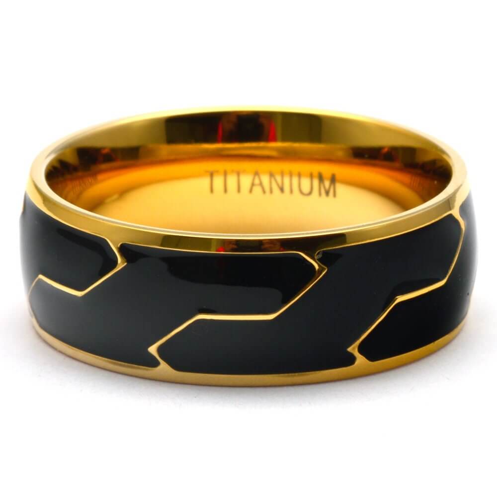 Titanium wedding band, Tire tread ring, Titanium ring, Anniversary wedding gifts, black & gold, Mens wedding band, ring for man black