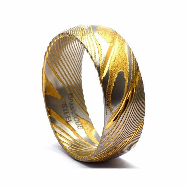 Damascus Steel Ring, Damascus Steel Mens Wedding Band - Unique Ring for Men - Damascus Steel Yellow Gold - 8mm Wide
