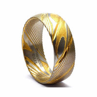 Thumbnail for Damascus Steel Ring, Damascus Steel Mens Wedding Band - Unique Ring for Men - Damascus Steel Yellow Gold - 8mm Wide