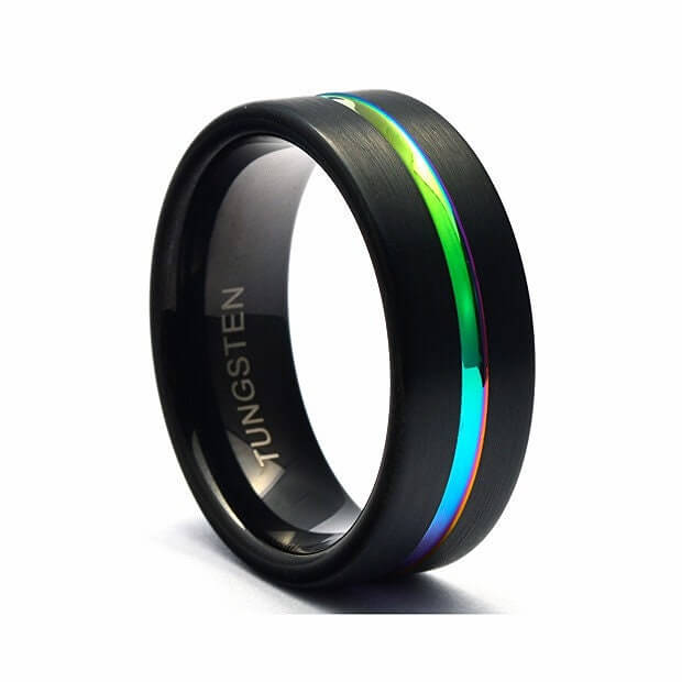 Black Tungsten Ring Rainbow, Mens Tungsten Wedding Band, Mens Ring, Black Wedding Band, Black Tungsten Wedding Ring, Rainbow Ring