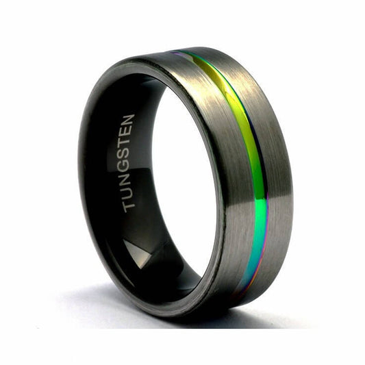 Tungsten Rainbow Ring, Men's Wedding Band, Matte Tungsten Ring, Pride Ring, Chameleon Wedding Band, Gunmetal Tungsten Wedding Band