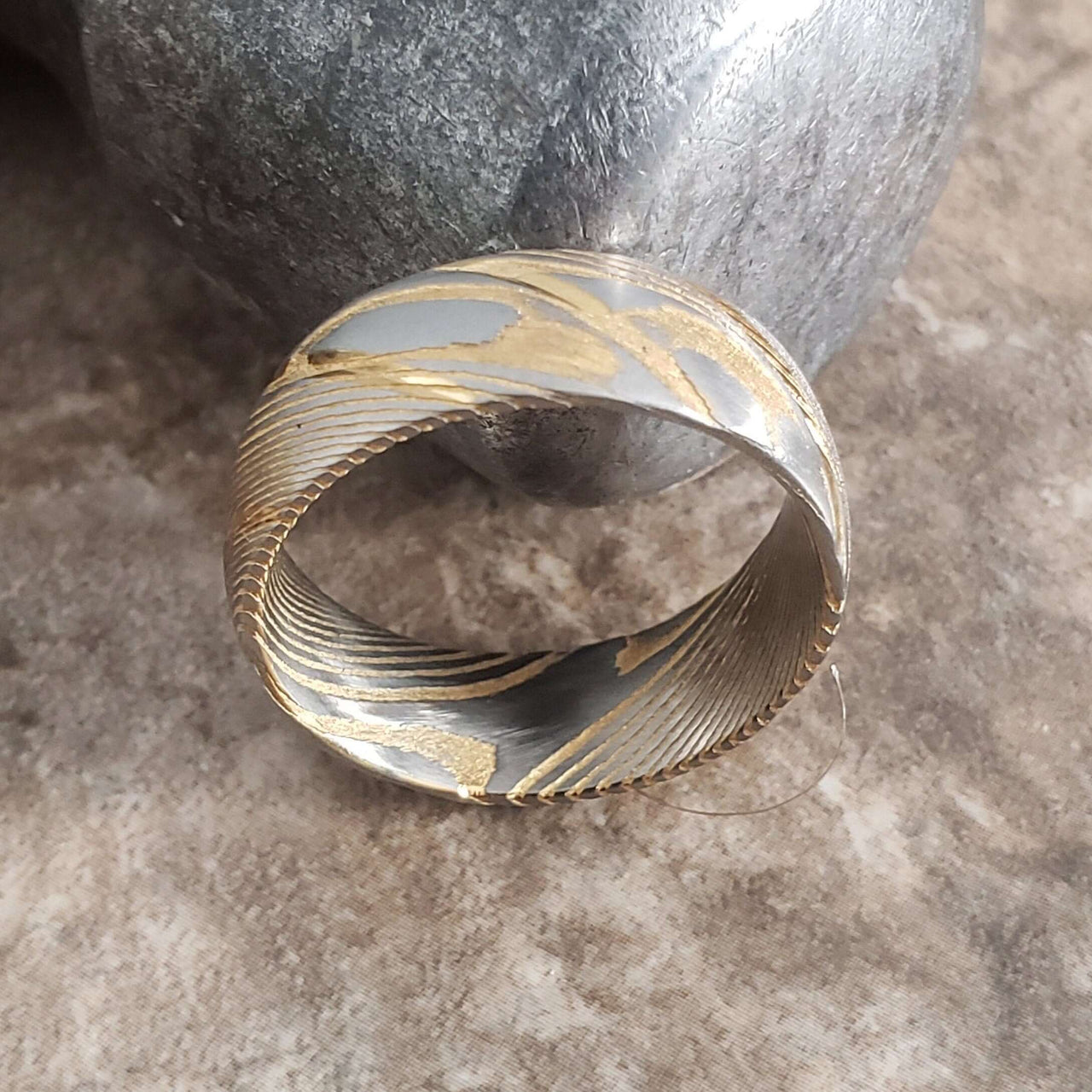 Damascus Steel Ring, Damascus Steel Mens Wedding Band - Unique Ring for Men - Damascus Steel Yellow Gold - 8mm Wide