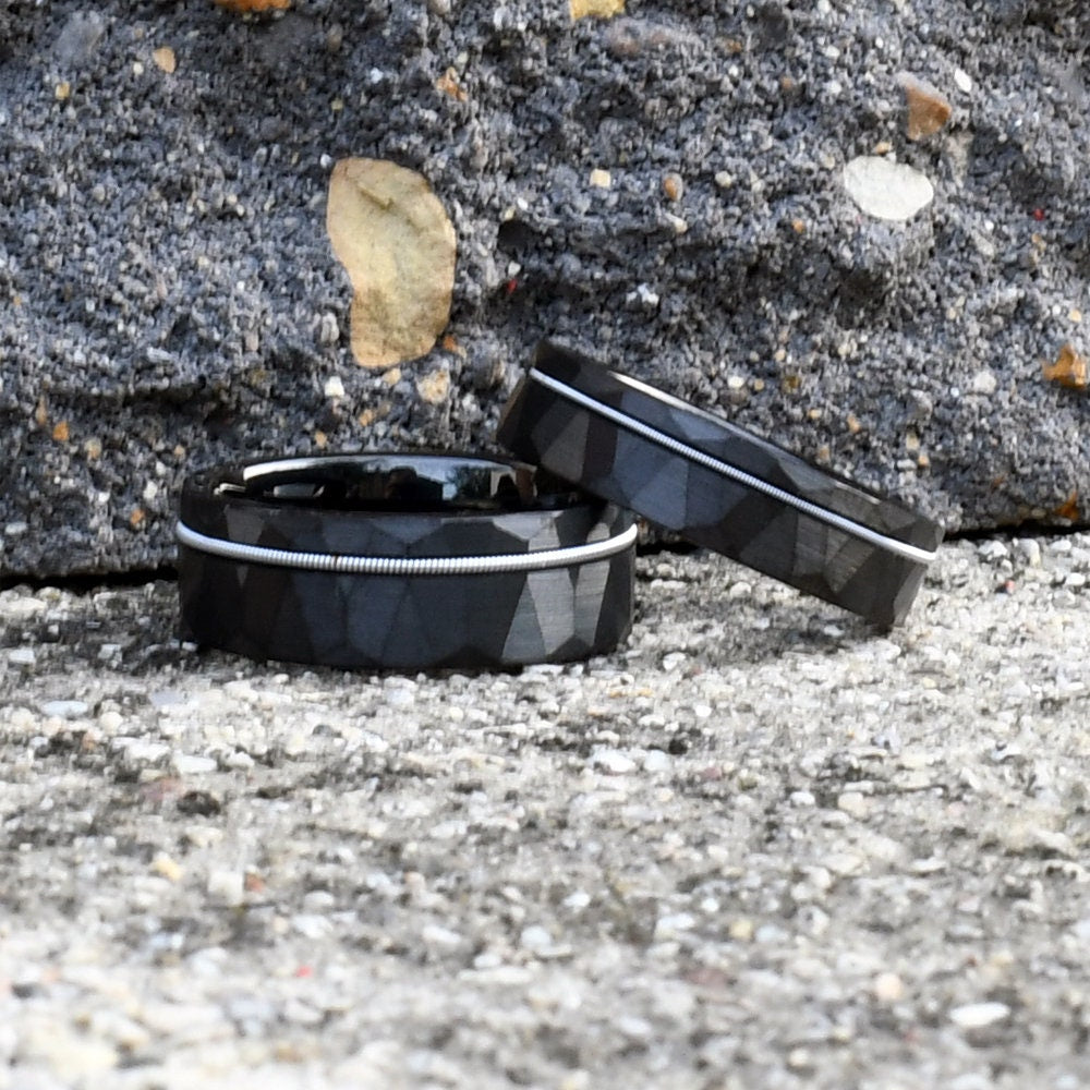 Hammered Ring - Men's Tungsten Wedding Band - Guitar String Ring - Black Men's Wedding Ring - Black Ring - Black Tungsten Ring