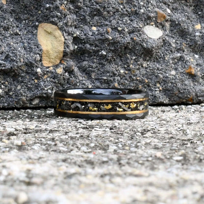 Gold Leaf and Meteorite Ring, Black Hammered Men's Tungsten Wedding Band, Hammered Brushed Tungsten Band, Black Men's Ring, Engraved Ring