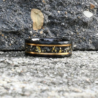 Thumbnail for Gold Leaf and Meteorite Ring, Black Hammered Men's Tungsten Wedding Band, Hammered Brushed Tungsten Band, Black Men's Ring, Engraved Ring