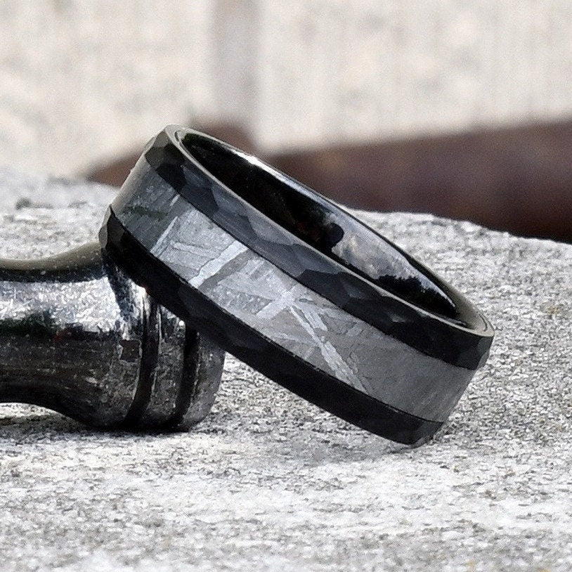 Black Meteorite Ring, Men's Tungsten Wedding Band, Tungsten Ring, Hammered Authentic Meteorite Wedding Ring, Unique Wedding Band, Engraved