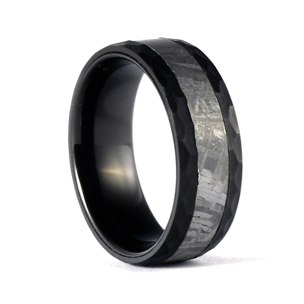Black Meteorite Ring, Men's Tungsten Wedding Band, Tungsten Ring, Hammered Authentic Meteorite Wedding Ring, Unique Wedding Band, Engraved