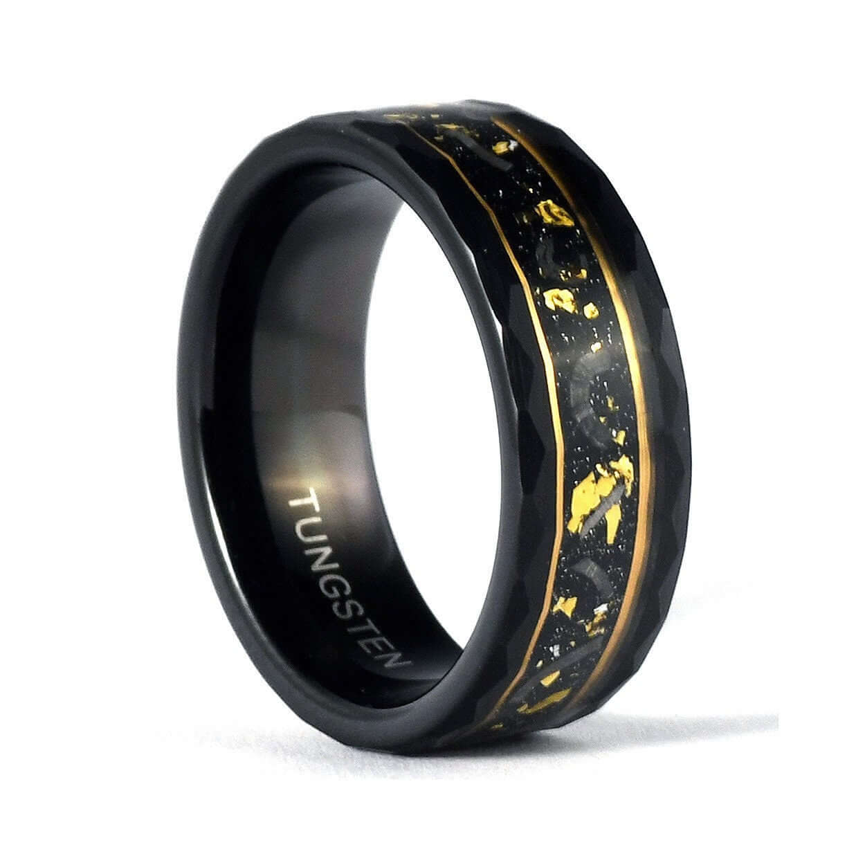 Gold Leaf and Meteorite Ring, Black Hammered Men's Tungsten Wedding Band, Hammered Brushed Tungsten Band, Black Men's Ring, Engraved Ring