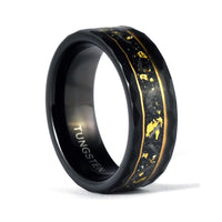 Thumbnail for Gold Leaf and Meteorite Ring, Black Hammered Men's Tungsten Wedding Band, Hammered Brushed Tungsten Band, Black Men's Ring, Engraved Ring