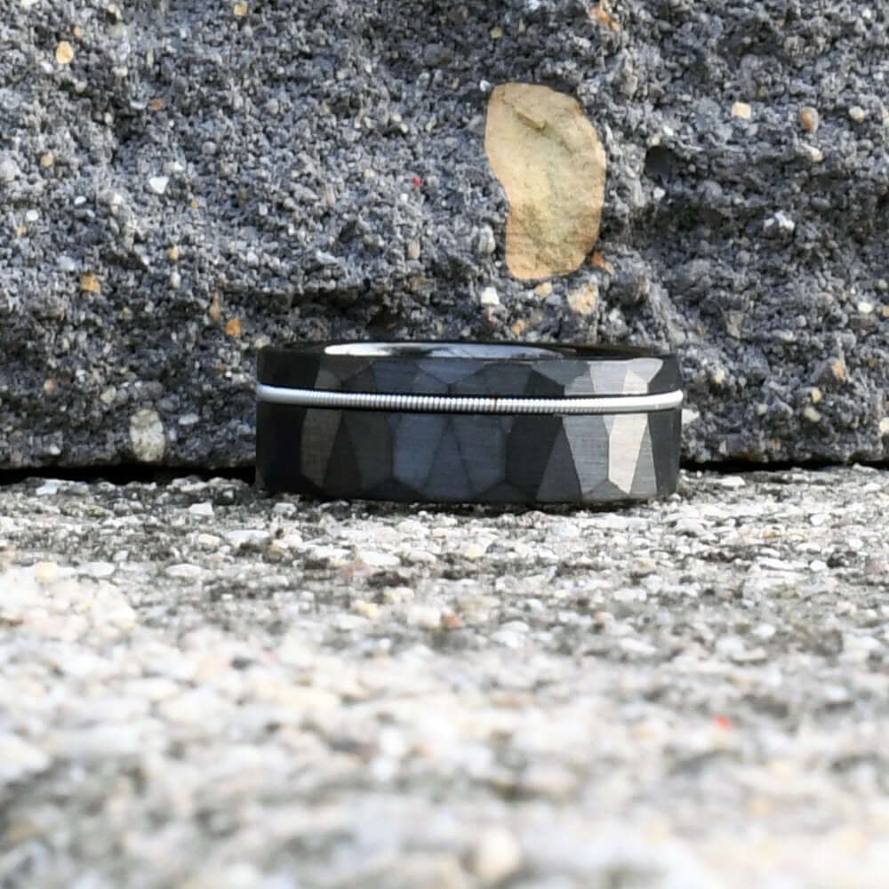 Hammered Ring - Men's Tungsten Wedding Band - Guitar String Ring - Black Men's Wedding Ring - Black Ring - Black Tungsten Ring