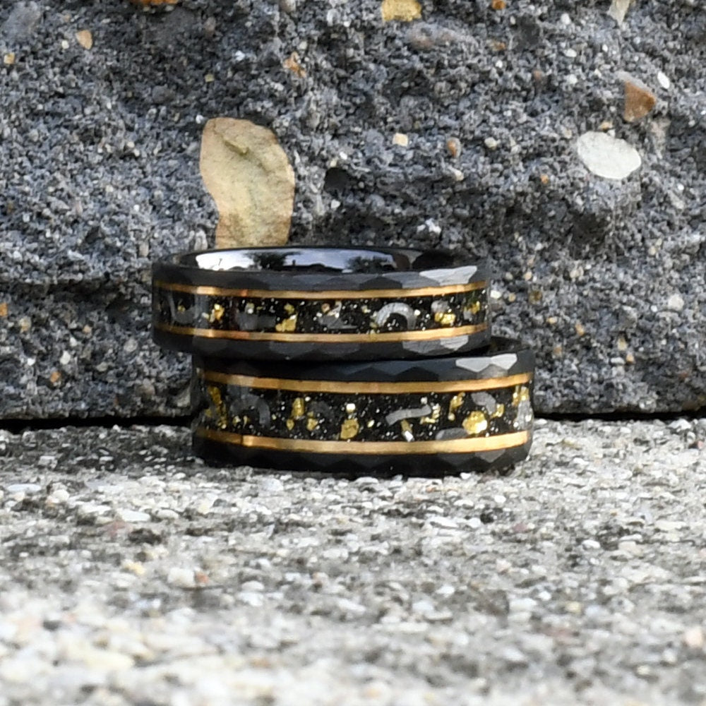 Gold Leaf and Meteorite Ring, Black Hammered Men's Tungsten Wedding Band, Hammered Brushed Tungsten Band, Black Men's Ring, Engraved Ring