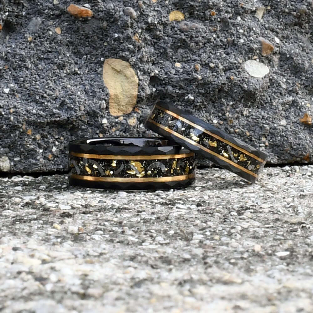 Gold Leaf and Meteorite Ring, Black Hammered Men's Tungsten Wedding Band, Hammered Brushed Tungsten Band, Black Men's Ring, Engraved Ring