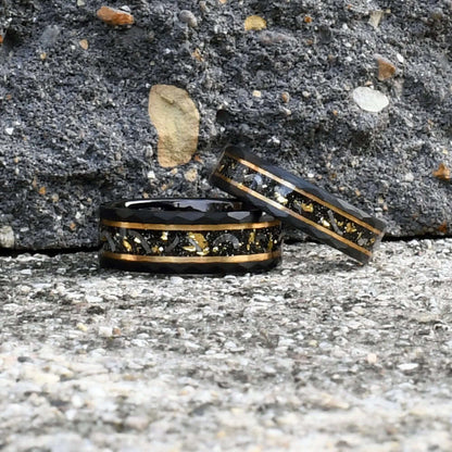 Gold Leaf and Meteorite Ring, Black Hammered Men's Tungsten Wedding Band, Hammered Brushed Tungsten Band, Black Men's Ring, Engraved Ring