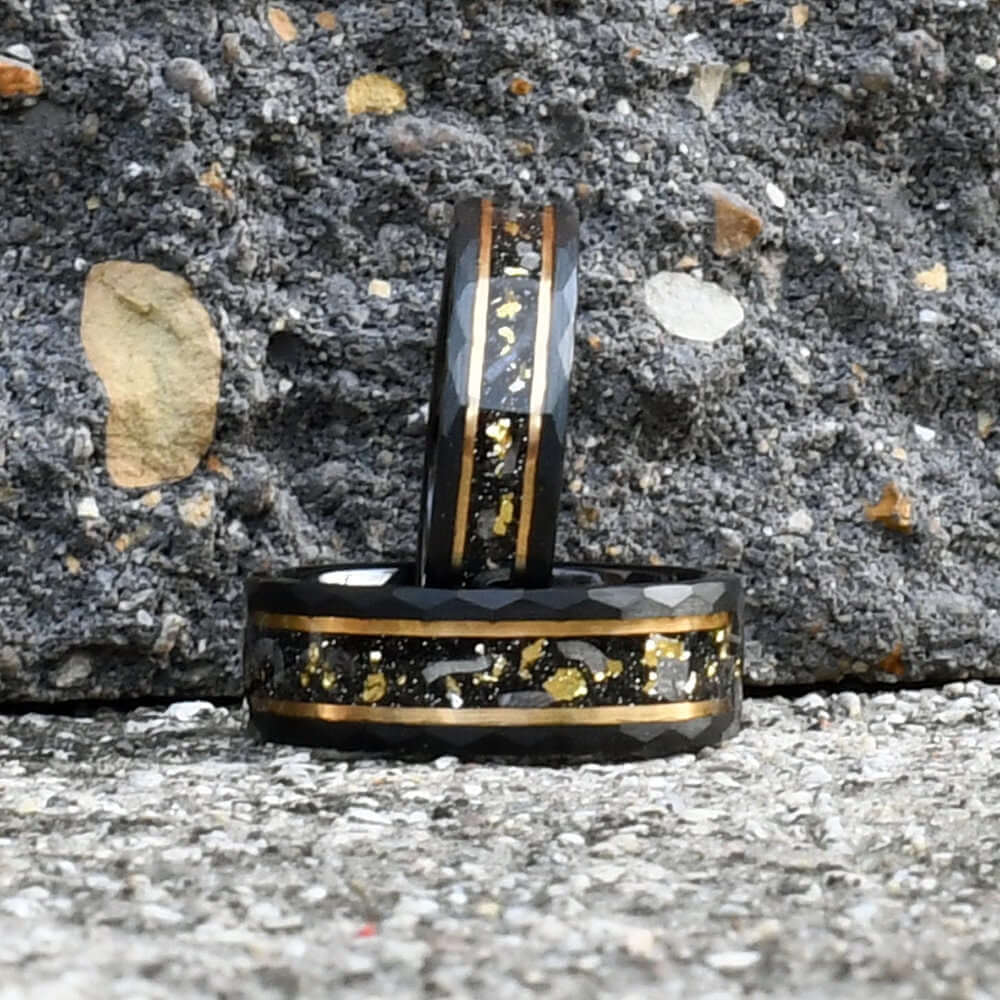 Gold Leaf and Meteorite Ring, Black Hammered Men's Tungsten Wedding Band, Hammered Brushed Tungsten Band, Black Men's Ring, Engraved Ring