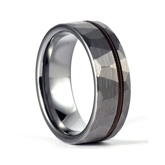 Tungsten Hammered Ring - Musician Ring - Mens Wedding Band - Unique Gunmetal Ring - Wedding Band for Men - Silver Ring - Guitar String Ring